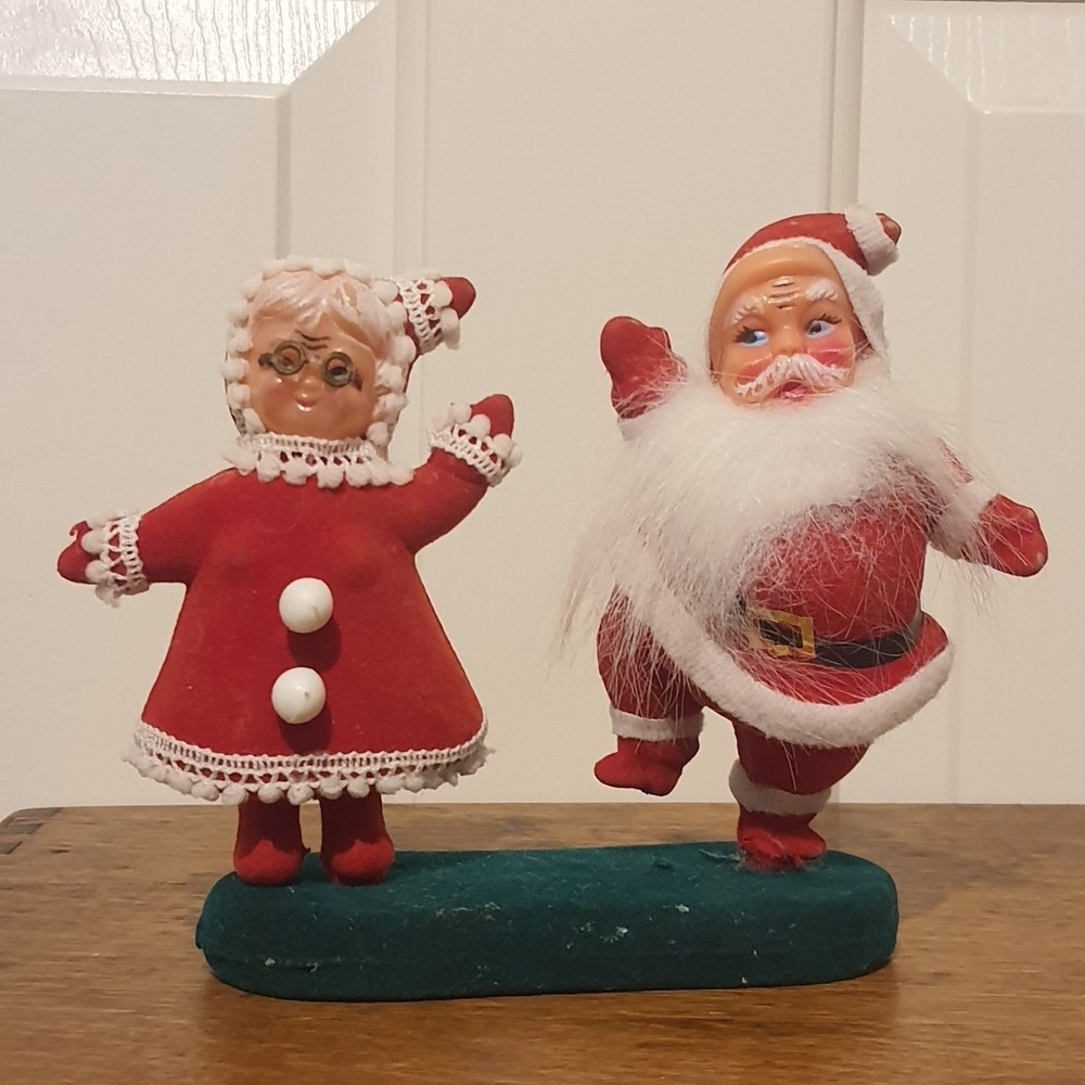 Vintage Santa & Mrs Claus Felt on Blow Mold Celluloid Christmas Figures Holiday